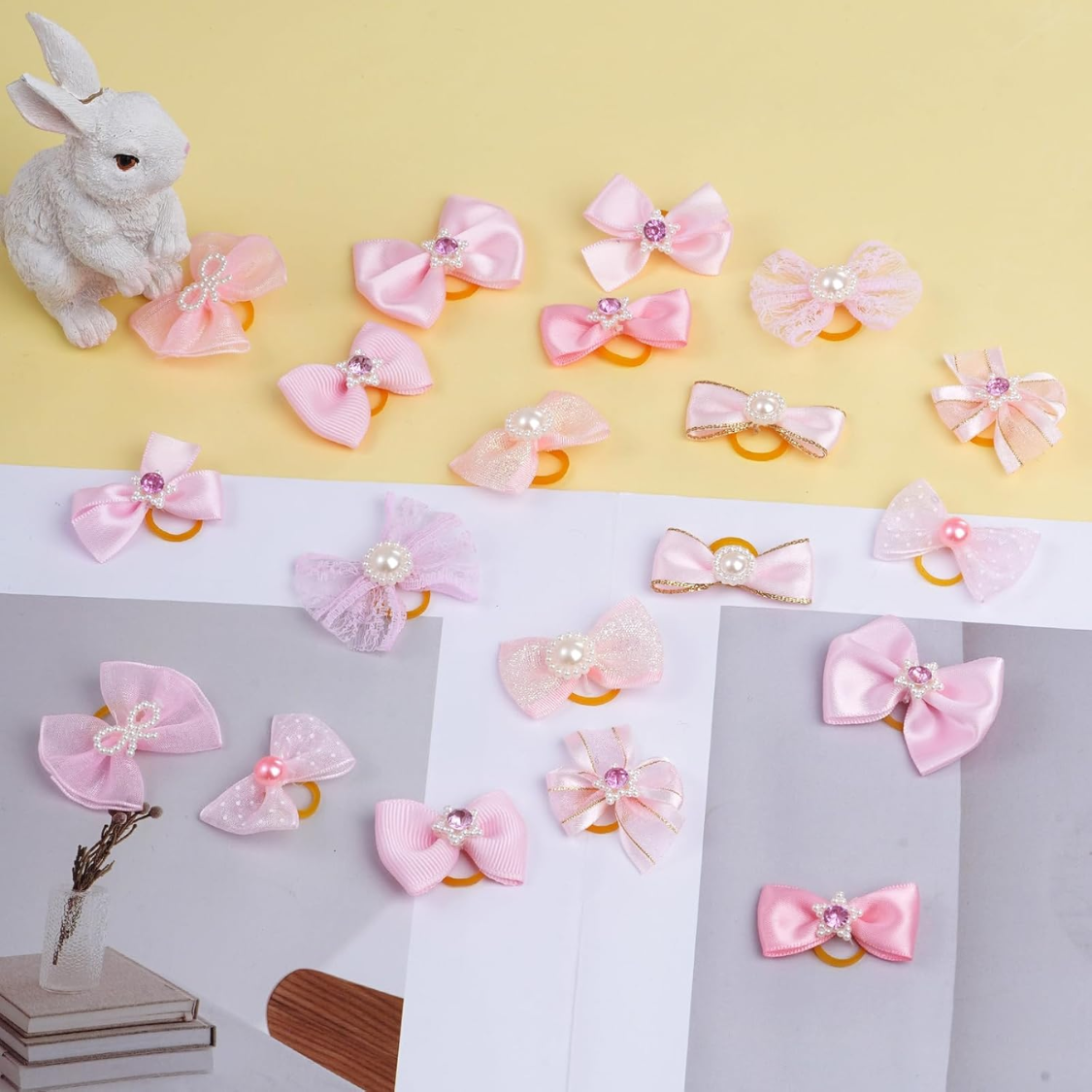 20 PCS Cute Dog Hair Bows With Rubber Bands Elastic Handmade Mix Style Lace Rhinestone Pearls For Furry Puppy Cat Pet Girl