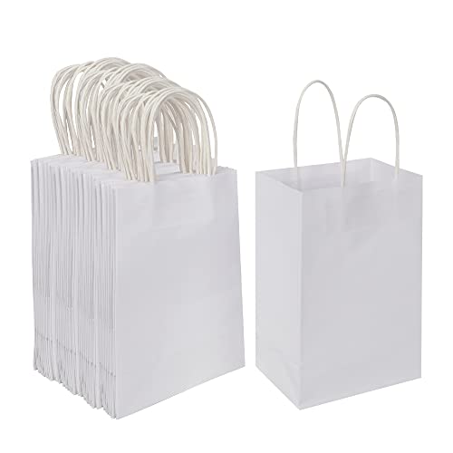 Oikss 100 Pack 5.25x3.25x8.25 Inch Small White Kraft Paper Bags with Handles Bulk for Birthday Wedding Party Favors Grocer...