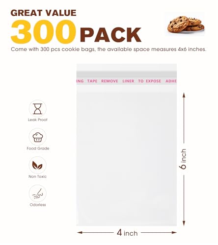 300 Pcs Cookie Bags with Seal, 4x6 Inches Self Sealing Cellophane Bags, Clear Cookie Bag Resealable Treat Bags for Packagi...