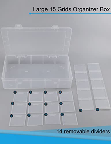 Hlotmeky Plastic Organizer Box with Dividers - Bead Organizer, 15 Large Grids, Clear Snack Box Container