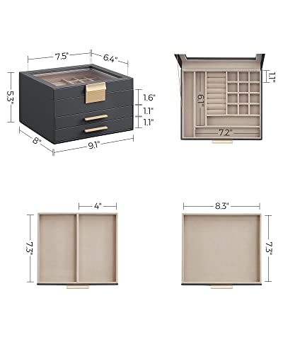 SONGMICS GISELLA Collection - Jewelry Box Organizer, 3-Layer Jewelry Storage with 2 Drawers, Shiny Metal Hardware, Glass L...