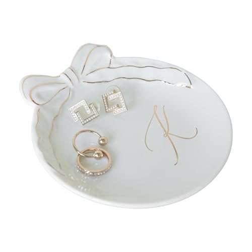 COLLECTIVE HOME Custom Initial Ceramic Jewelry Tray with Bow - Ring Holder & Earring Dish | Christmas Gift Idea for Women,...