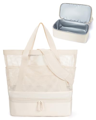 BAGSMART Beach Bag for Women, Mesh Tote Bags with Zipper, Sandproof Vacation Essentials with Cooler for Swim Cruise Pool
