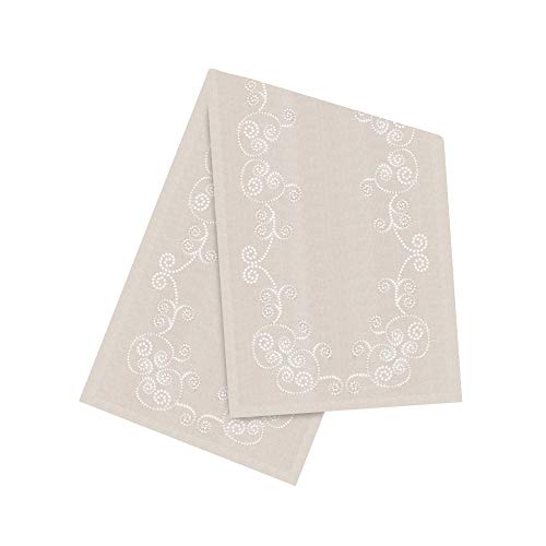 SARO LIFESTYLE 001.N1654B Augustina Collection Embroidered Swirl Design Linen Blend Table Runner, 16" x 54", Natural