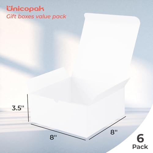 UnicoPak 6 Pack 8x8x3.5 White Gift Boxes Bulk, Gift Boxes with Lids for Presents for Birthday Wedding Bridesmaid Proposal ...