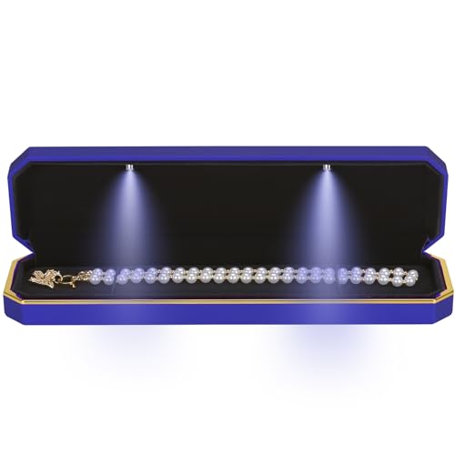 Luxury LED Necklace Long Chain Gift Box with LED Light, Velvet Jewelry Box Storage Case Organizer Holder (Blue)