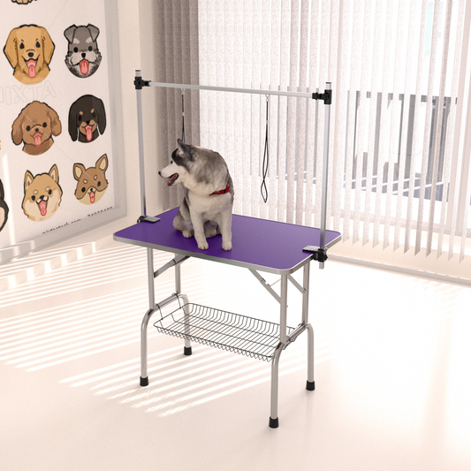 42  Folding Dog Pet Grooming Table Stainless Steel Frame Rubber Mat On Board With Adjustable Arm And Clamps Pet Dog Cat Grooming Table  PURPLE COLOR