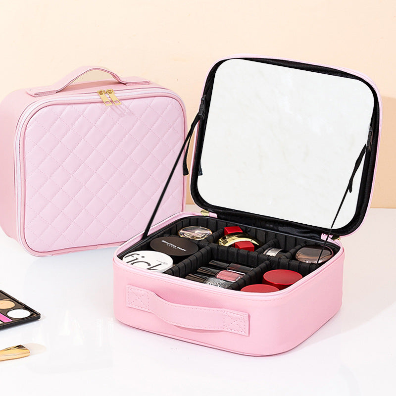 Makeup Bag With Mirror And Light Rechargeable PU Leather Travel Storage Box