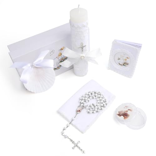 Baptism Candle Set for Boys Girls,5 PCS Baptism Kit Catholic Candle,Baptism Towel,Baptismal Shell,Rosary,Bible for Baby De...