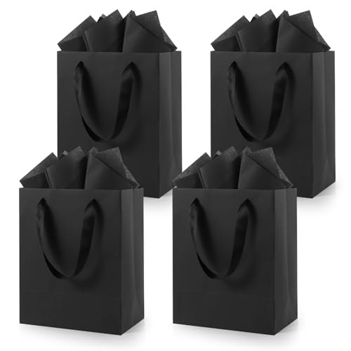 Epoesch Black Small Gift Bags with Handles and Tissue Paper, 8x5x10 Inch 4 Pack Paper Bags for Men, Women, Birthdays Part...