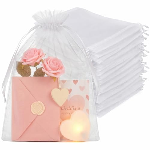 Crweety 50PCS White Organza Bags 8x12 Large, Bulk Mesh Bags Drawstring Gift Bag for Wedding Mother's Day Favors Treats Goo...