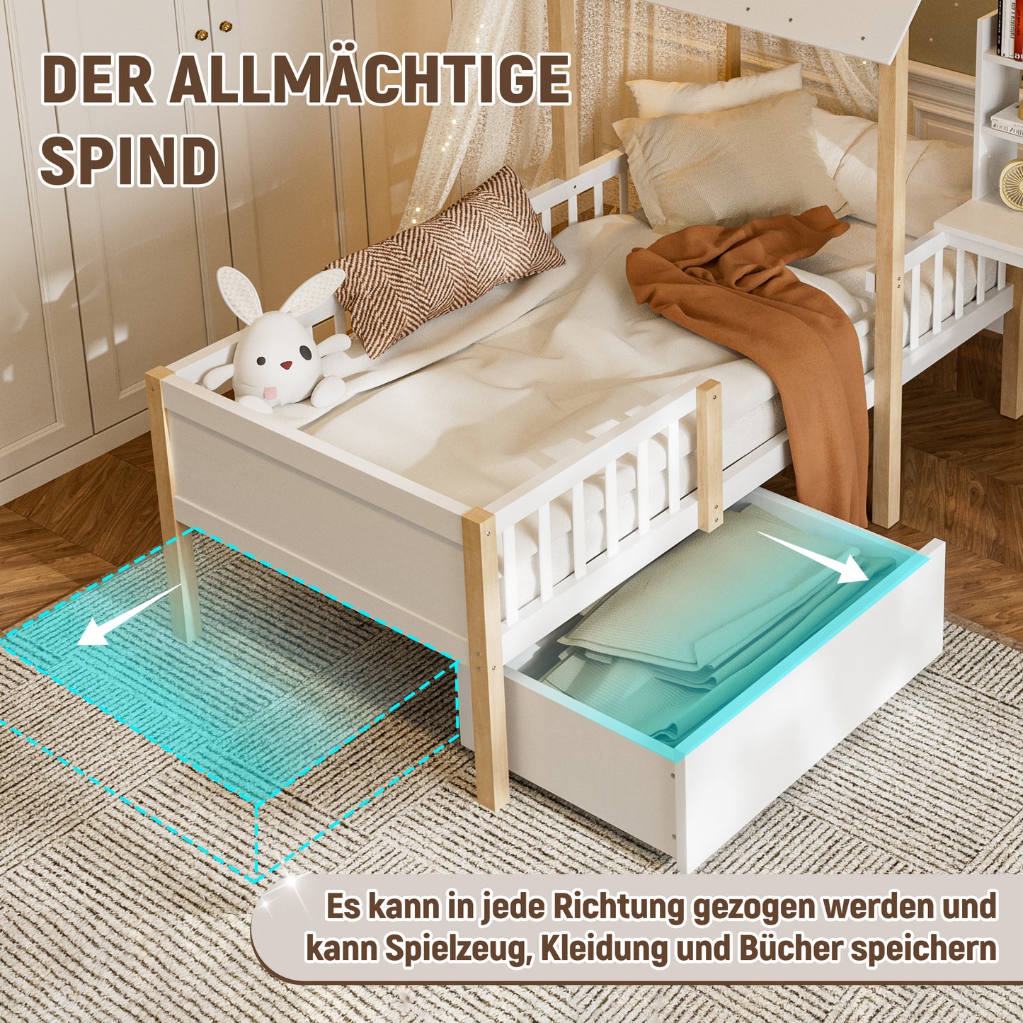 Old SKU W2845S00049  90 X 200 Cm Children's Bed With Fall-out Protection And Slatted Frame, L-shaped Desk And Bookcase, Drawers With Wheels, Multifunctional House Bed Made Of Solid Wood, White