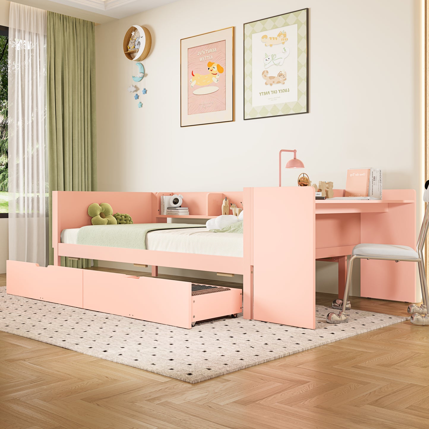 Flat Bed, Wooden Bed, 90x200cm, With Desk, Equipped With 2 Drawers, Single Bed Without Mattress , With Shelves, Pine Chipboard, Pink