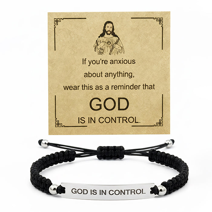 God Is In Control Engraved Bracelet, Handmade Braided Nylon Cord Cuff For Men Women, Stainless Steel Religious Christian Gift With Scripture Card