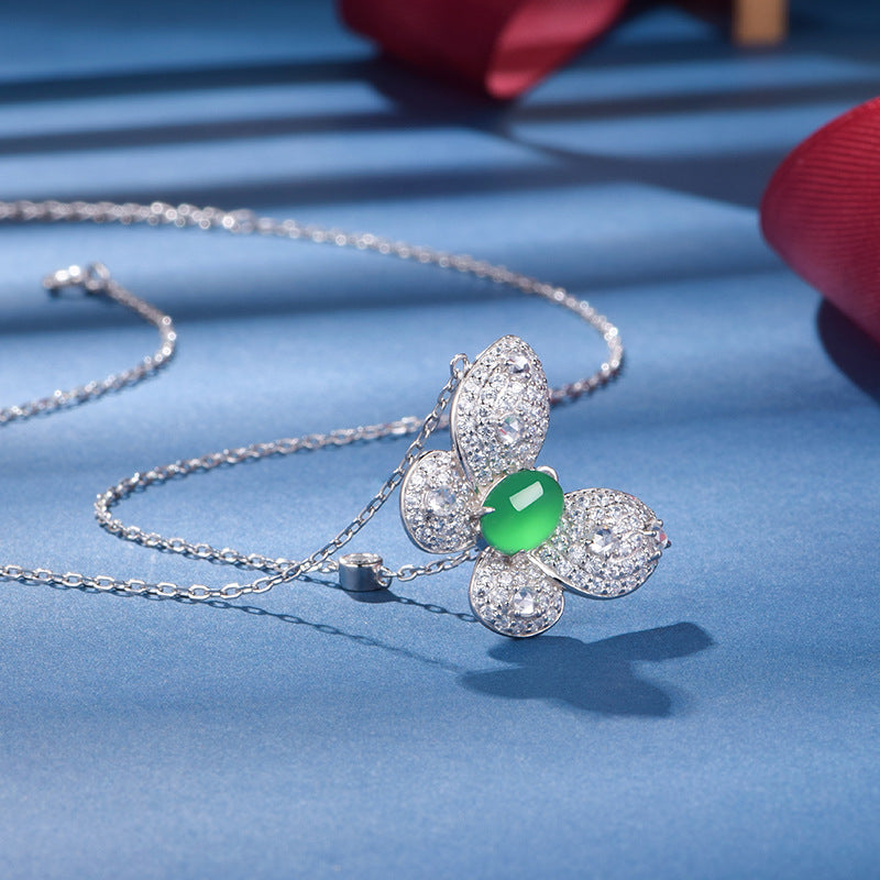 S925 Sterling Silver Butterfly Necklace, 8x6mm Oval Green Chrysoprase Pendant, Platinum Plated 45cm Chain, 5.0g Elegant Women's Jewelry With Gift Box