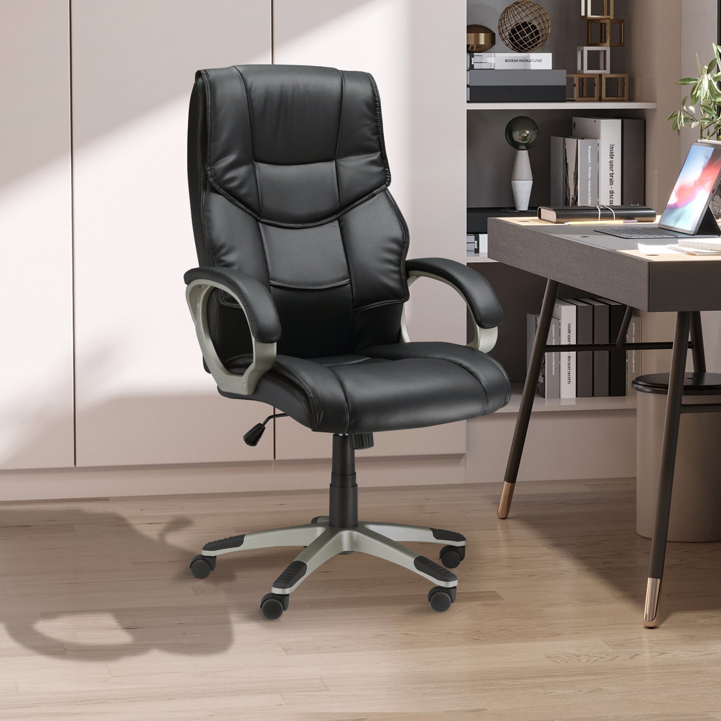 Home Office Chair High Back Computer Desk Chair With Faux Leather Adjustable Height Rocking Function Black