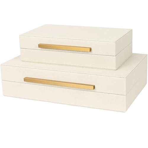 ZIKOUL Beige Shagreen Decorative Storage Boxes – Set of 2 Faux Leather Jewelry & Memory Boxes with Gold Metal Handles, Nes...