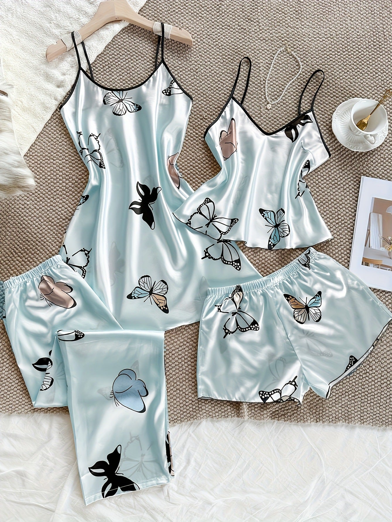 Butterfly-print Loungewear Set Four-piece Home Set Fashionable Casual Womens Pajamas
