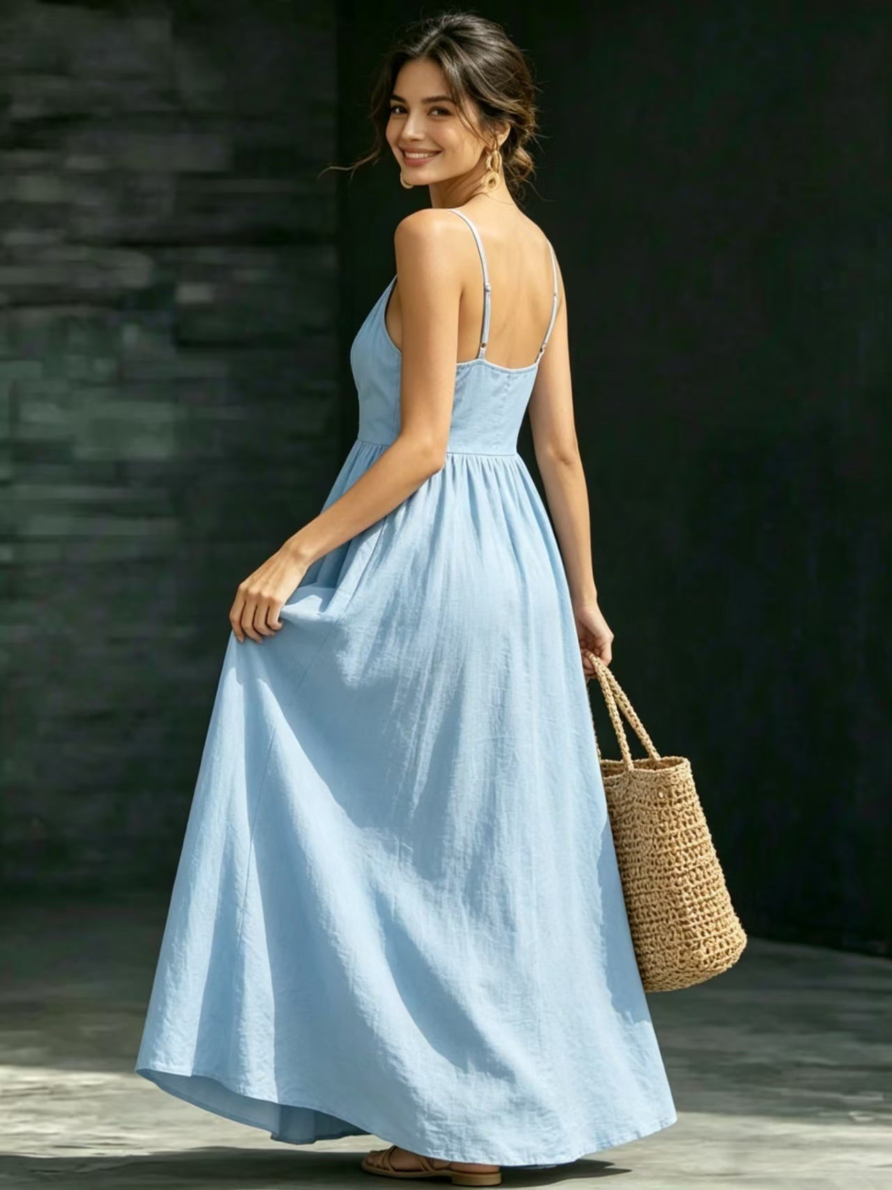 Summer V-Neck Spaghetti Strap Maxi Dress With Pockets - Elegant Vacation & Office Wear For Women