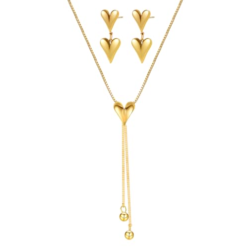 VceTd Vintage Y-Shape Necklace with Double Heart/Flower Earrings Set, 18K Gold Plated Stainless Steel Romantic Jewelry Gif...