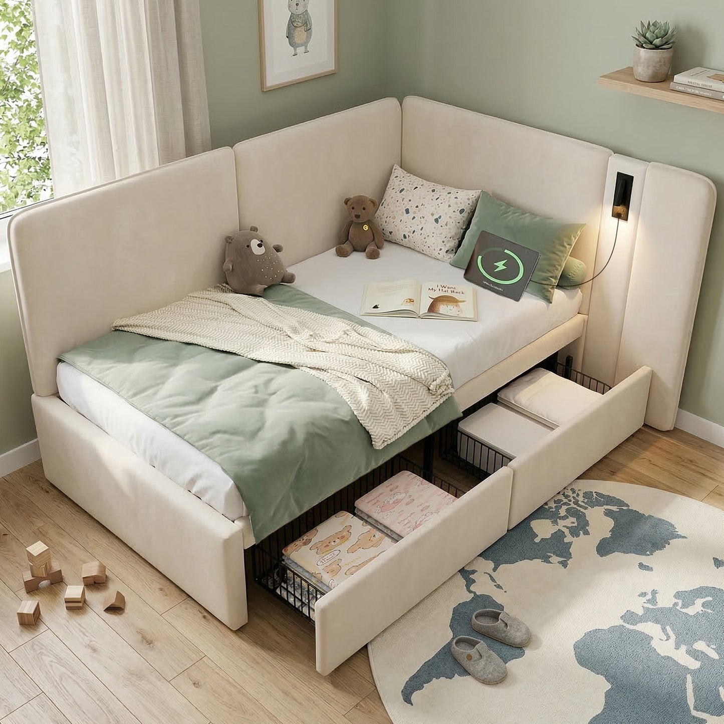 Daybed 90x200 Cm With 2 Drawers, Upholstered Bed, Daybed, Sofa Bed With USB Charging Port And Reading Lamp, Velvet, Beige