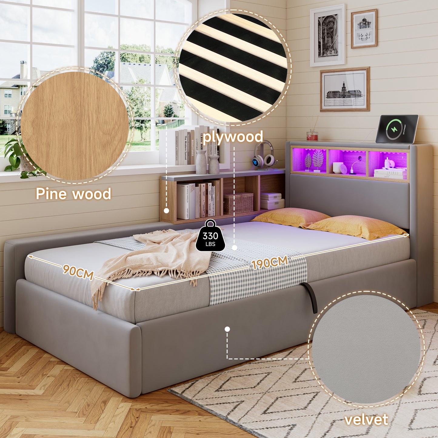 Upholstered Bed, 3FT Single Bed 90x190cm, Daybed Sofa Bed, Modern Velvet Youth Bed, For Adults & Teenagers, With Charging Port, LED Strip, With Storage Space, Easy Assembly, Velvet, Grey   No Mattress