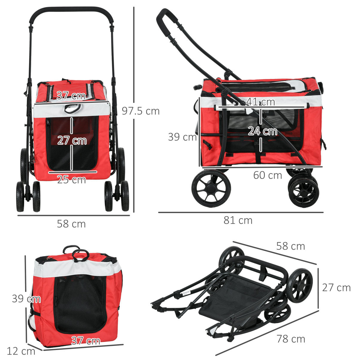 PawHut Foldable Dog Stroller, Pet Travel Crate, With Detachable Carrier, Soft Padding, For Mini, Small Dogs - Red