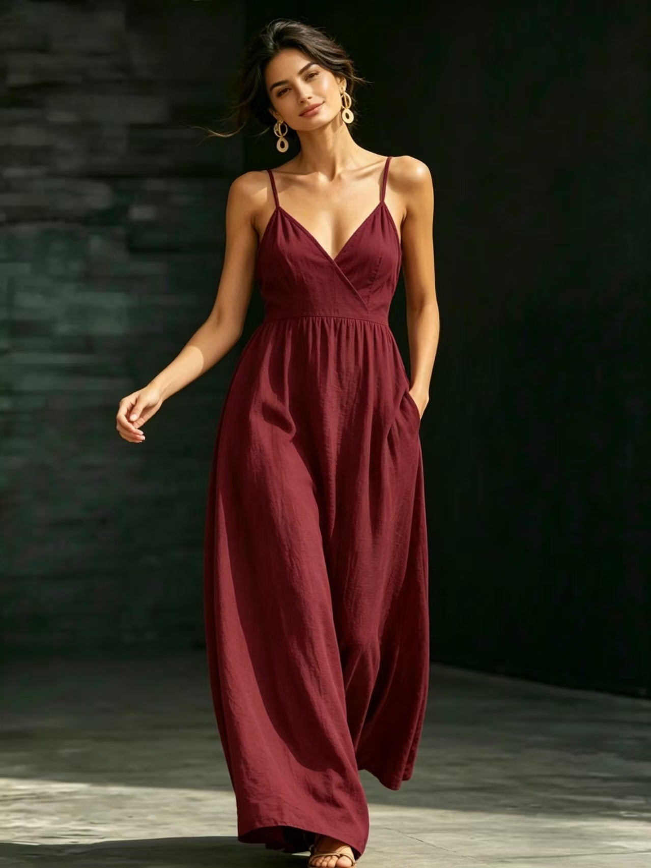Summer V-Neck Spaghetti Strap Maxi Dress With Pockets - Elegant Vacation & Office Wear For Women