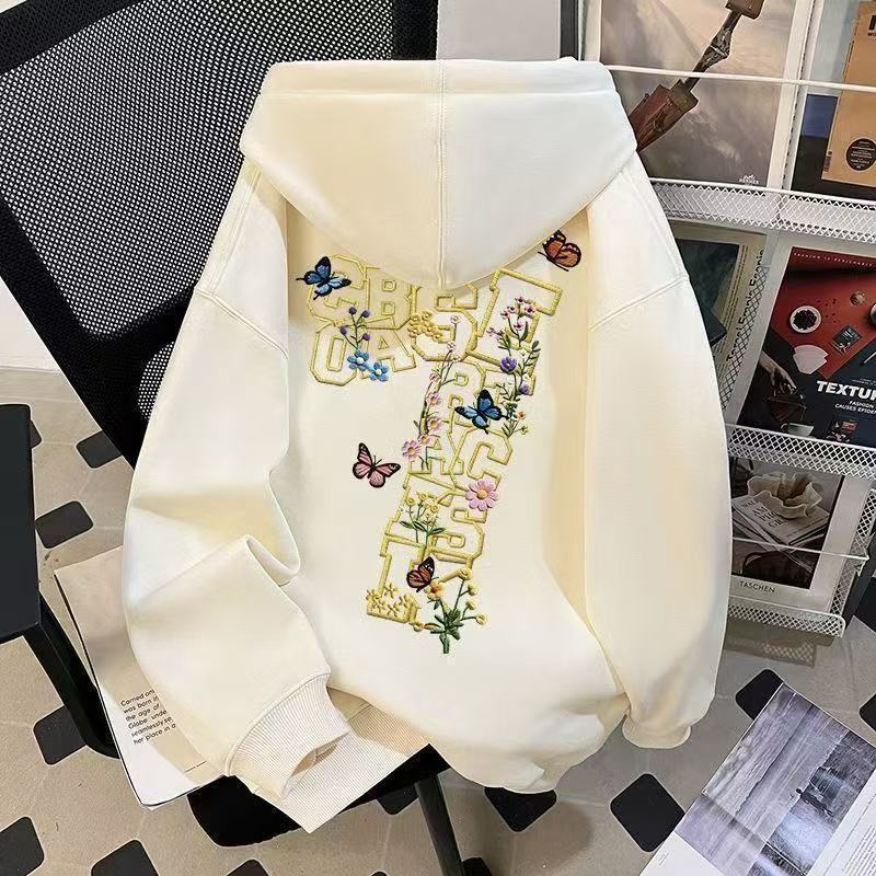 Korean-style Designer Floral And Letter-printed Hooded Sweatshirt With Silver Fox Velvet Finish