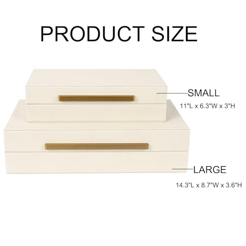 ZIKOUL Beige Shagreen Decorative Storage Boxes – Set of 2 Faux Leather Jewelry & Memory Boxes with Gold Metal Handles, Nes...