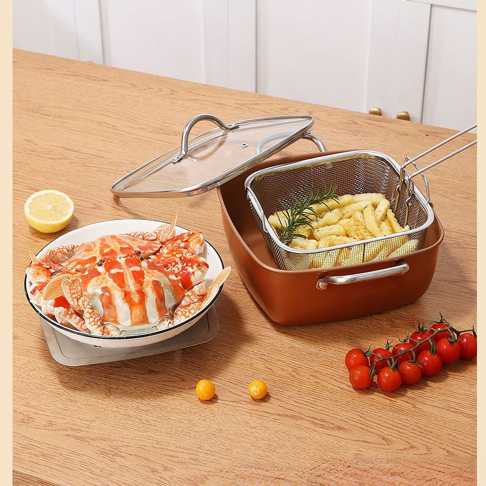 24cm Square Kitchen Fryer Non Stick Chip Pan Potato Fryer W  Basket Cooking Pot