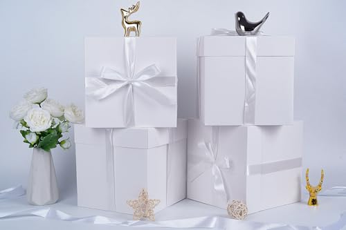Elephant-package 8.7" Medium Birthday Gift Boxes with Lid and Ribbon, Square Gift Boxes - 4 Pcs (White), Bridal Showers, W...