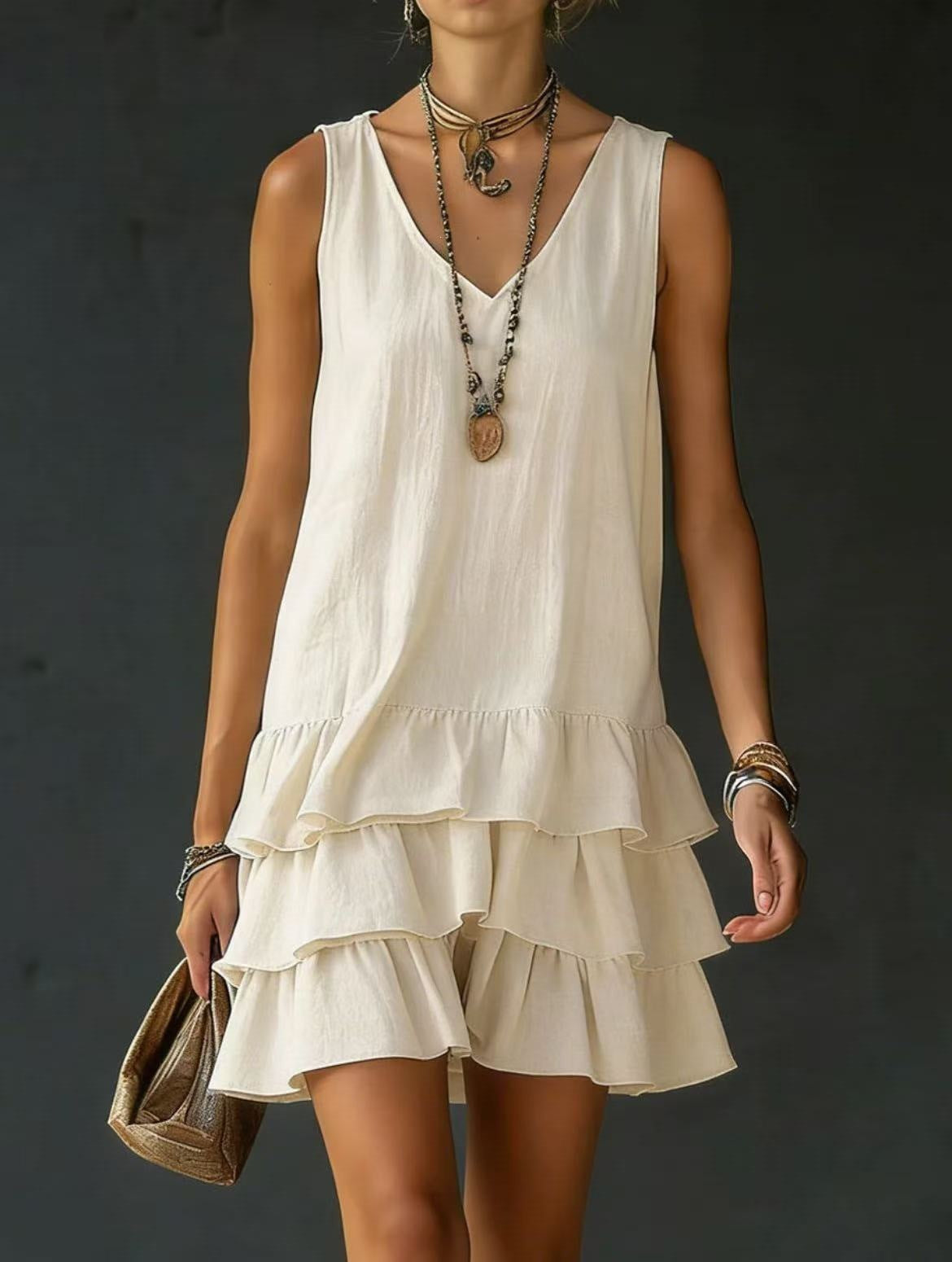Spring Summer Fashion Women Solid Color Loose Casual Tank Dress With Side Pockets