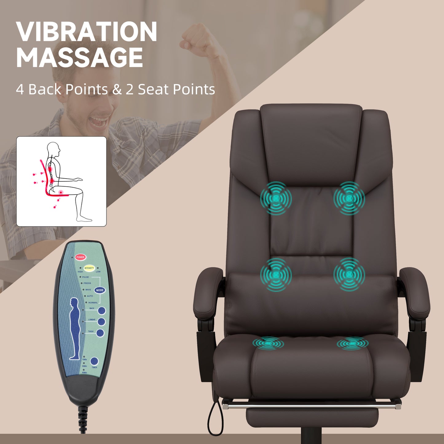 Vinsetto 6-Point Massage Office Chair, PU Leather Desk Chair With Adjustable Height And Footrest For Home Office, Brown
