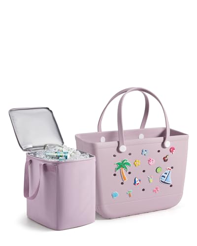 BAGSMART Large Beach Bag for Women with Cooler, Rubber Tote Bag with Charms, Waterproof Vacation Essentials for Swim Pool