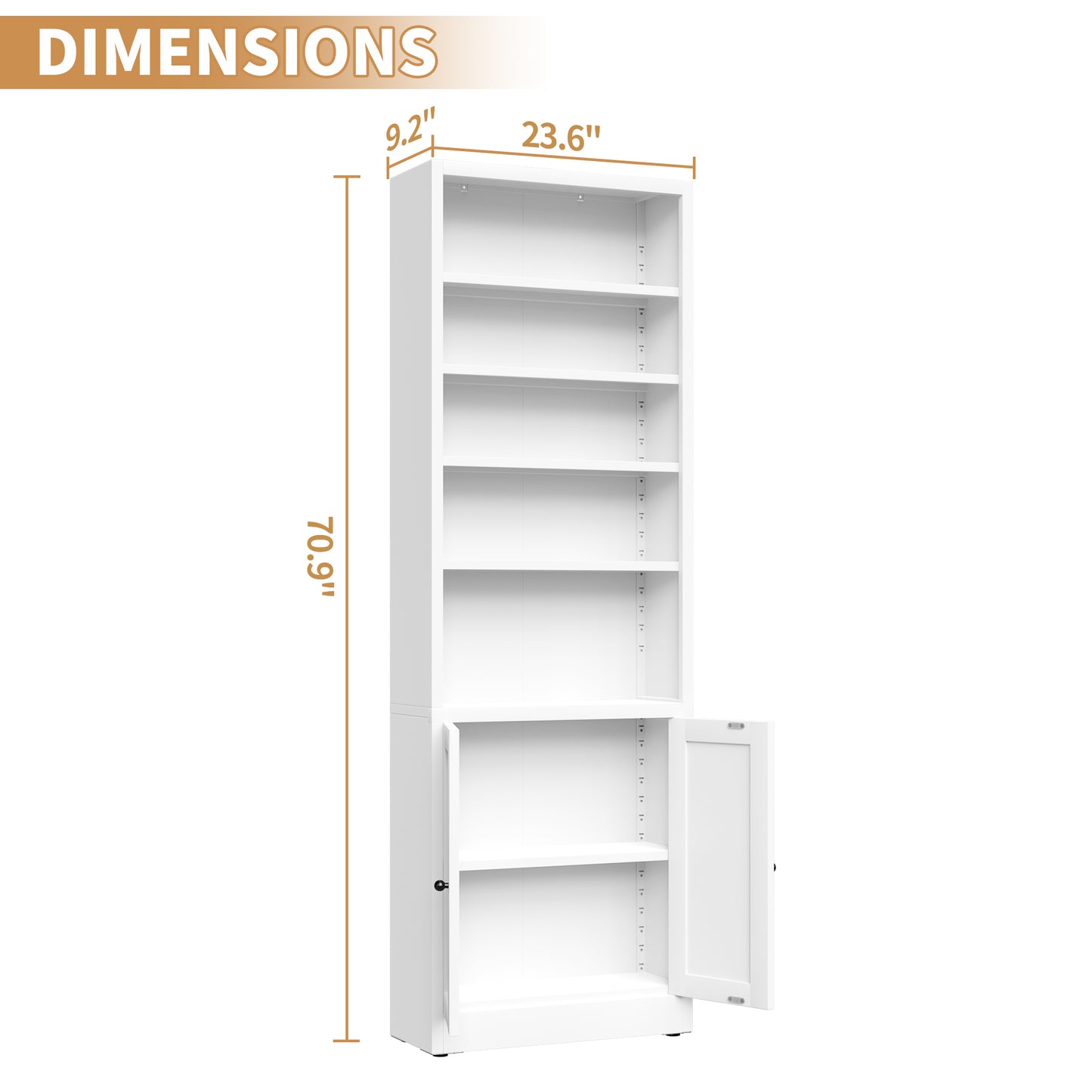 Metal Bookcase, 71 Inch Tall 5-Tier Bookshelf With Door, Industrial White Bookshelf With Adjustable Shelves, 9.2  Deep Storage Shelf For Living Room, Office, Library, Modern Home Furniture