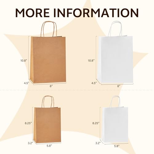 YEEHAW Brown Paper Bags with Handles Bulk 8"x4.5"x10.8" 100Pcs Gift Kraft Bags Medium Size, Brown Craft with Handles, Gift...