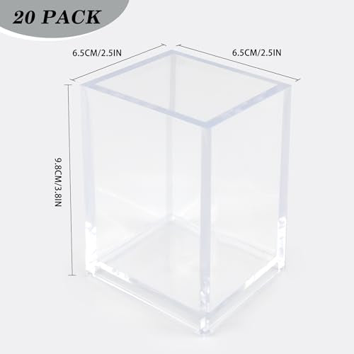 20 Pack Clear Acrylic Pen Holder for Desk, Pencil Cup Makeup Brush Organizer, Square Acrylic Pencil Holders for Office Sch...