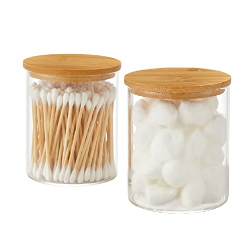 INIUNIK Glass Qtip Holder Dispenser with Bamboo Lid - 2 Pack Apothecary Jars - Cotton Balls Pads Swabs Holder Jar - Bathro...