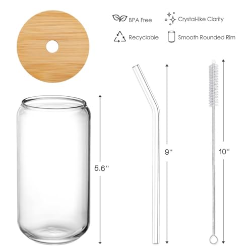 Drinking Glasses with Bamboo Lids and Glass Straw 4pcs Set - 16oz Glass Cups, Iced Coffee Glasses, Cute iced Tea Glasses, ...