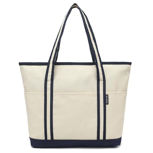 QYEPYUE Large Canvas Tote Bag for Women, Beach Bag with Zipper, Utility Tote Bag with 3 Front Pockets, Weekender Pool Bag