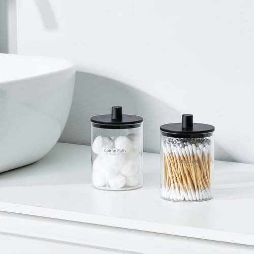 TIPGO Glass Qtip Holder Dispenser - 10 oz Clear Canister Apothecary Jar, Bathroom Vanity Storage Organizer Set for Cotton ...