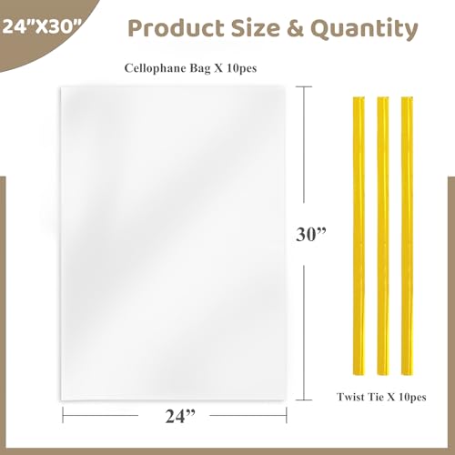 WIKDAY Clear Gift Bags 10 PCS 24x30 Inches Large Cellophane Wrap for Gift Baskets Wrapping Plastic with Ties for Gift Givi...