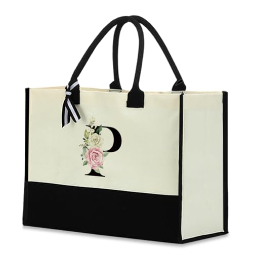 Monogrammed Tote Bags Floral Letter Initial Bag Personalized Beach Bag Monogrammed Gifts for Women Bridesmaids Wedding