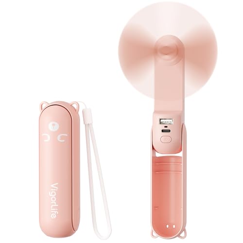 VigorLife Mini Handheld Fan,USB Rechargeable 3 IN 1 Personal Cooler Fans with Power Bank,LED Flashlight,Small Foldable Poc...