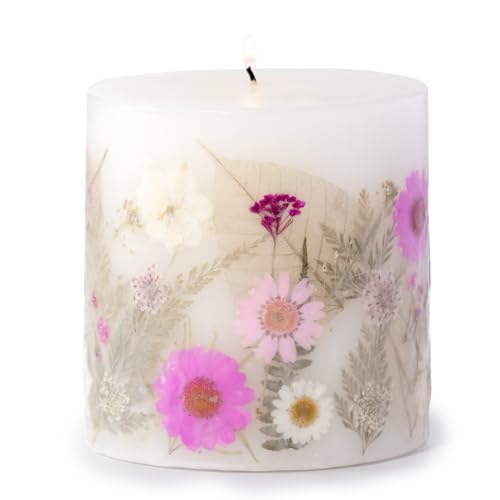 ANDALUCA Pressed Real Flowers Handcrafted Botanical Floral Pillar Candle (Fresh Peony)