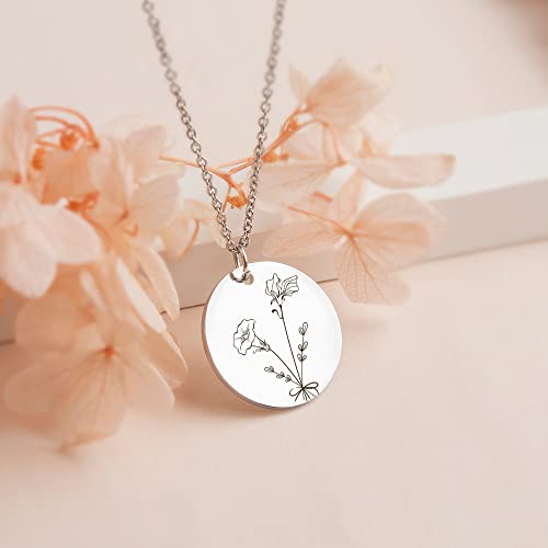 Anavia -Build Your Own Bouquet- Birthmonth Flowers Necklace, Personalized Engraved Floral Coin Necklace, Customized Birthd...