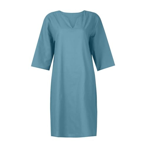 BAXLIMEK Cotton Linen Dresses for Women,2025 Spring Summer Casual V Neck 3/4 Sleeve Midi Dress,Elegant Plain Beach Dress