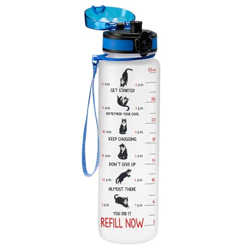 GEPOSTORE Funny Cat Hydration Water Bottle 32oz with Time Marker, Cute Cat Mom Gift for Women, Reusable Daily Motivation D...