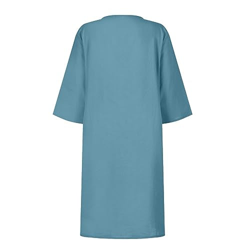 BAXLIMEK Cotton Linen Dresses for Women,2025 Spring Summer Casual V Neck 3/4 Sleeve Midi Dress,Elegant Plain Beach Dress